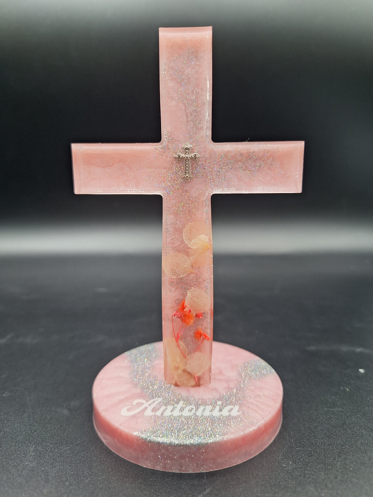 Personalisiertes Deko-Kreuz aus Epoxidharz | Rosa mit Trockenblumen & Glitzer 14 x 8 cm ✨