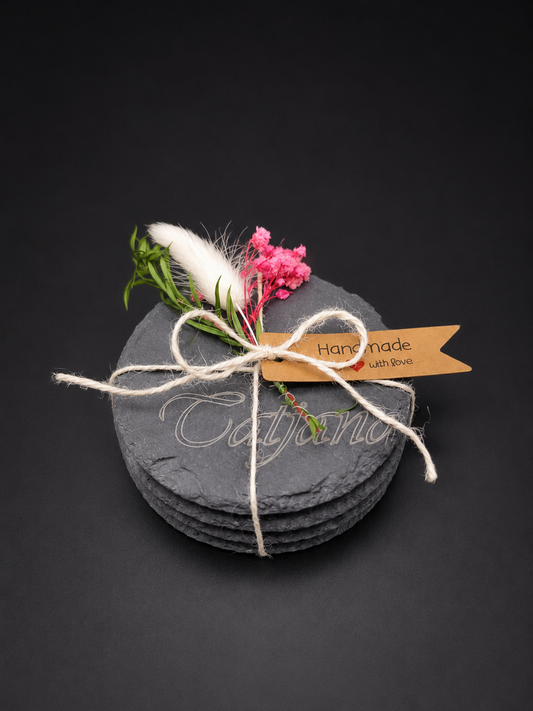 4er Set Schiefer Untersetzer rund, Ø 10 cm, personalisierbar mit Wunschgravur