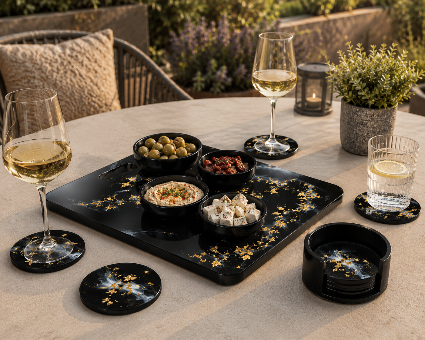 Servier- & Untersetzer-Set "Black Gold Marble" | Handgefertigt aus Epoxidharz