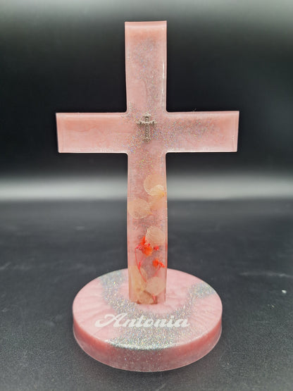 Personalisiertes Deko-Kreuz aus Epoxidharz | Rosa mit Trockenblumen & Glitzer 14 x 8 cm ✨