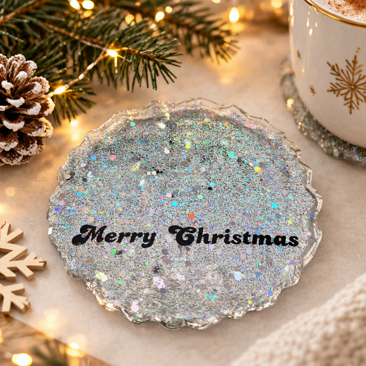 Weihnachtsuntersetzer „Merry Christmas“ | Silber holografisch ✨