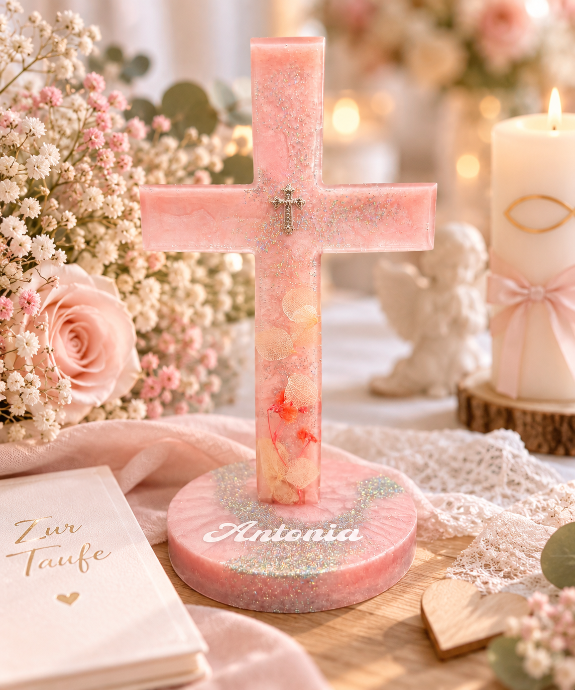 Personalisiertes Deko-Kreuz aus Epoxidharz | Rosa mit Trockenblumen & Glitzer 14 x 8 cm ✨