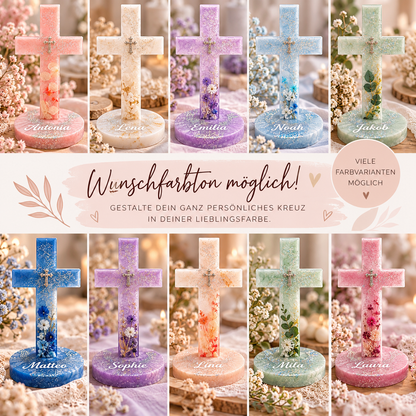 Personalisiertes Deko-Kreuz aus Epoxidharz | Rosa mit Trockenblumen & Glitzer 14 x 8 cm ✨