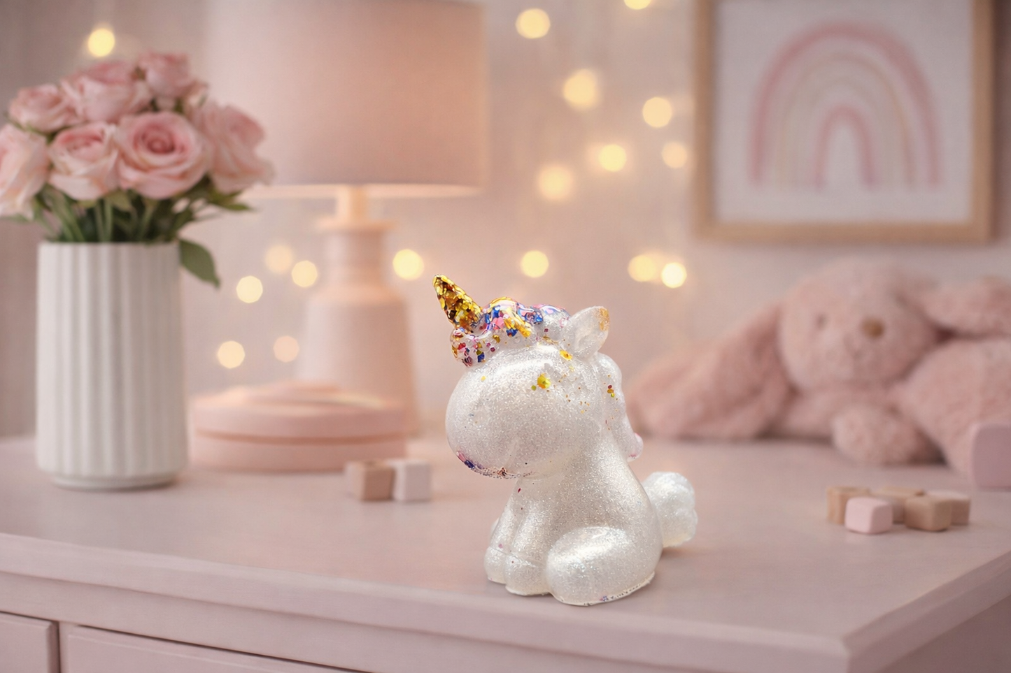 Einhorn aus Epoxidharz – Perlmut Weiß mit buntem Glitzer | 7 x 6 cm