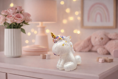 Einhorn aus Epoxidharz – Perlmut Weiß mit buntem Glitzer | 7 x 6 cm