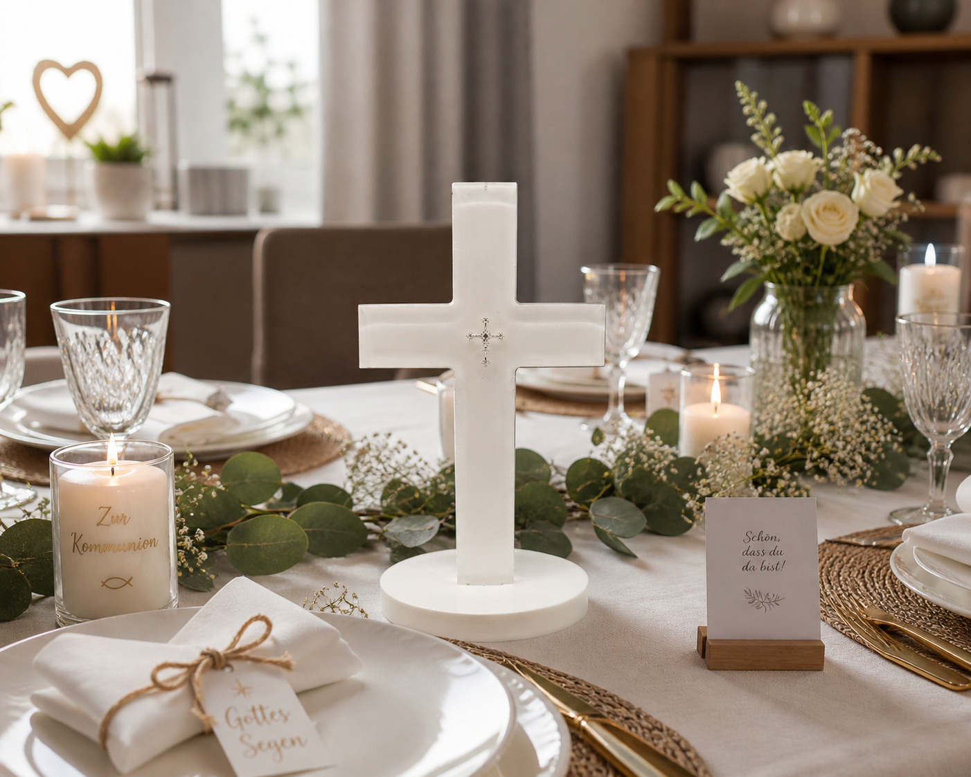 Epoxidharz Kreuz auf Sockel in Weiß mit eingegossenem Silberkreuz | Geschenk zur Taufe, Kommunion & Firmung