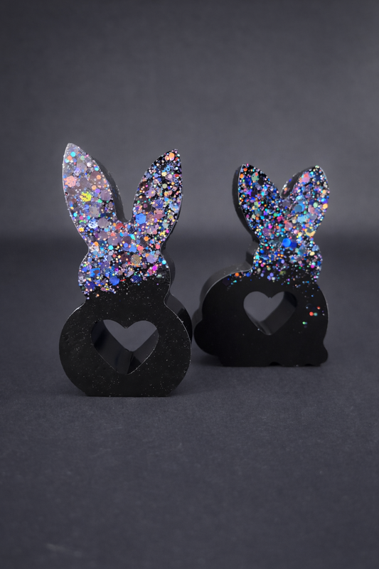 Schwarzes Hasen-Set (2er) mit holographischem Glitzer | Handgegossene Osterdekoration aus Epoxidharz