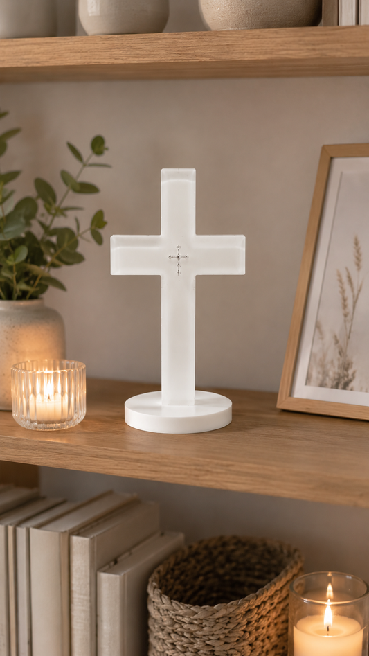 Epoxidharz Kreuz auf Sockel in Weiß mit eingegossenem Silberkreuz | Geschenk zur Taufe, Kommunion & Firmung