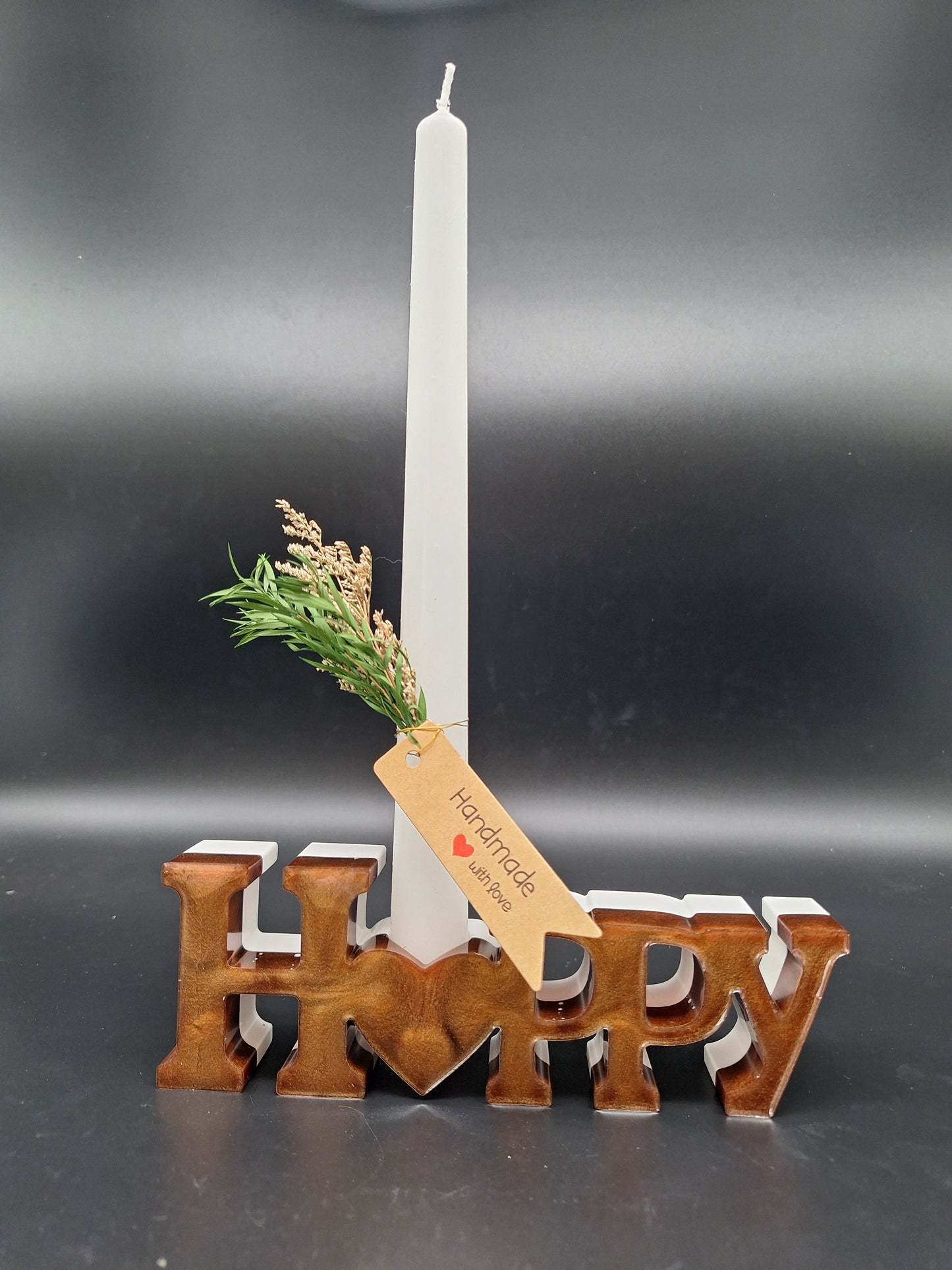 HAPPY Kerzenhalter aus Epoxidharz | Handmade Deko mit Kerze & Trockenblumen