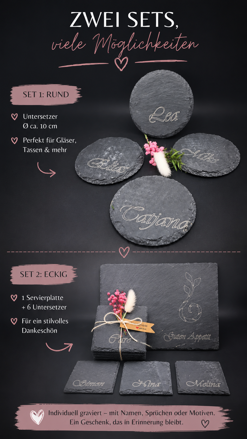 4er Set Schiefer Untersetzer rund, Ø 10 cm, personalisierbar mit Wunschgravur
