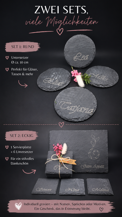 4er Set Schiefer Untersetzer rund, Ø 10 cm, personalisierbar mit Wunschgravur