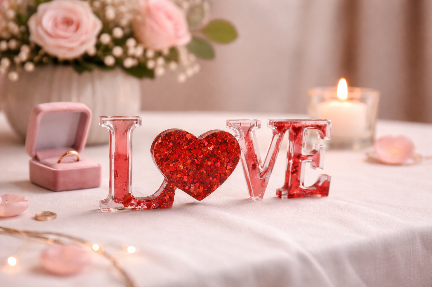 LOVE Schriftzug aus Epoxidharz mit rotem holografischem Glitzer