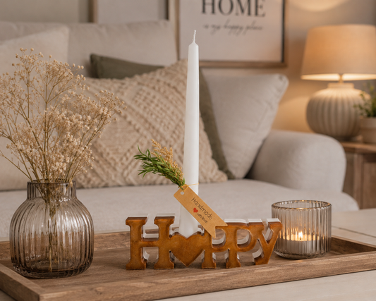 HAPPY Kerzenhalter aus Epoxidharz | Handmade Deko mit Kerze & Trockenblumen