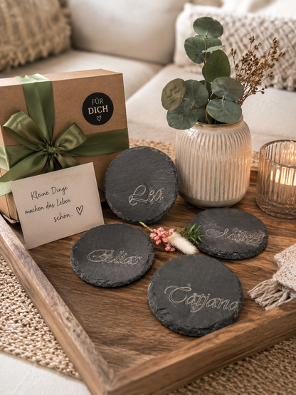 4er Set Schiefer Untersetzer rund, Ø 10 cm, personalisierbar mit Wunschgravur