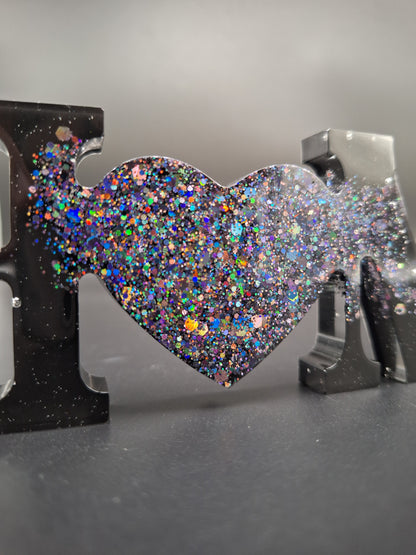 Epoxidharz Schriftzug „HOME“ mit holografischem Glitzer in Schwarz, 21 cm