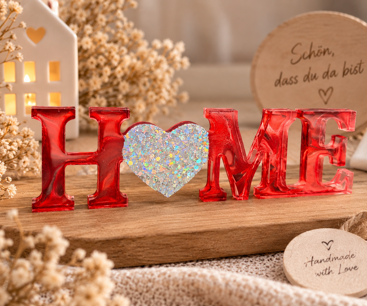Epoxidharz Schriftzug „HOME“ mit holografischem Glitzer in Schwarz, 21 cm