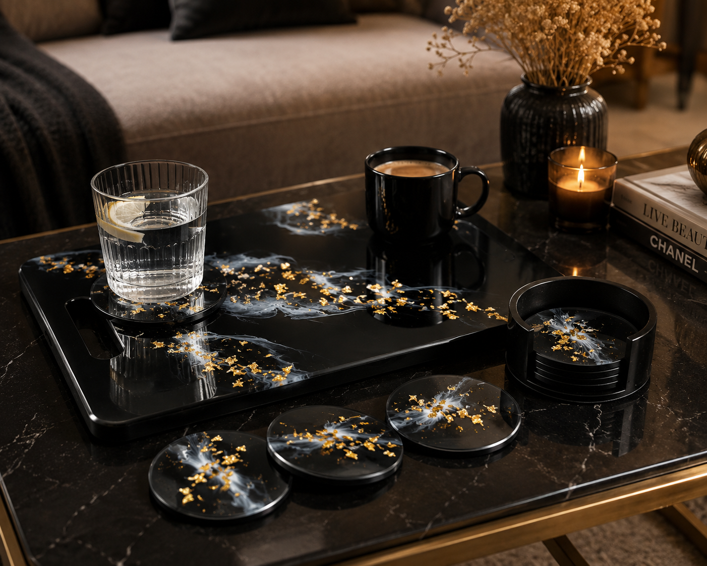 Servier- & Untersetzer-Set "Black Gold Marble" | Handgefertigt aus Epoxidharz
