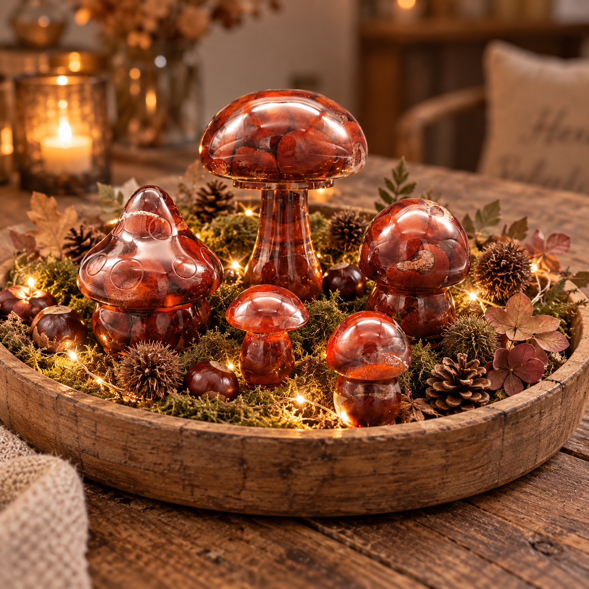 Herbstliches Pilz-Set aus Epoxidharz mit echten Kastanien  5-teilig