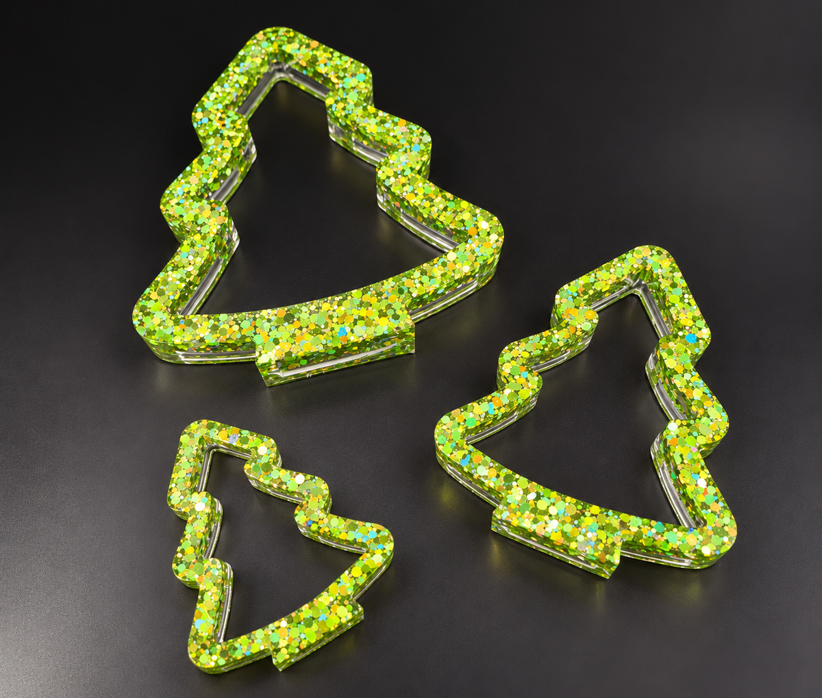 Deko Tannen 3er Set aus Epoxidharz mit holografischem Glitzer
