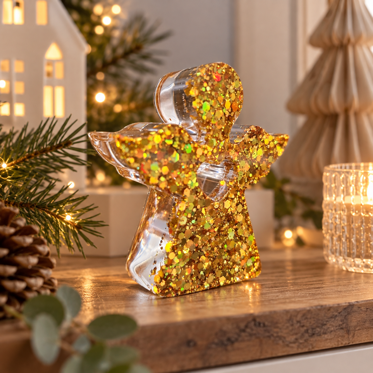 Deko-Engel mit goldenem Hologramm-Glitzer | 7,5 × 6,5 cm