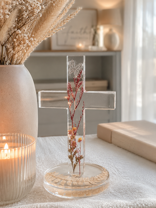 Epoxidharz Kreuz auf Sockel in Weiß mit eingegossenem Silberkreuz | Geschenk zur Taufe, Kommunion & Firmung
