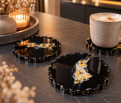Untersetzer 2er Set aus Epoxidharz | Schwarz Gold marmoriert