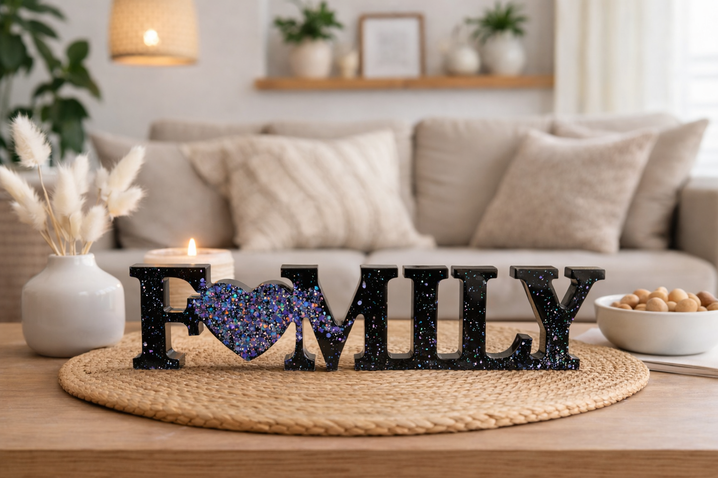Epoxidharz Schriftzug „FAMILY“ in Weiß mit silbernem Glitzer