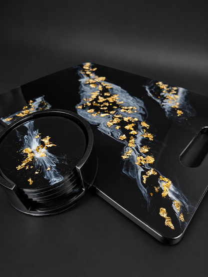 Servier- & Untersetzer-Set "Black Gold Marble" | Handgefertigt aus Epoxidharz