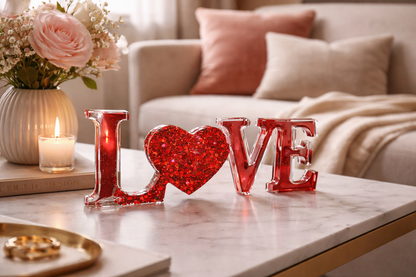 LOVE Schriftzug aus Epoxidharz mit rotem holografischem Glitzer