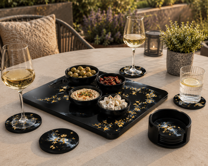 Servier- & Untersetzer-Set "Black Gold Marble" | Handgefertigt aus Epoxidharz