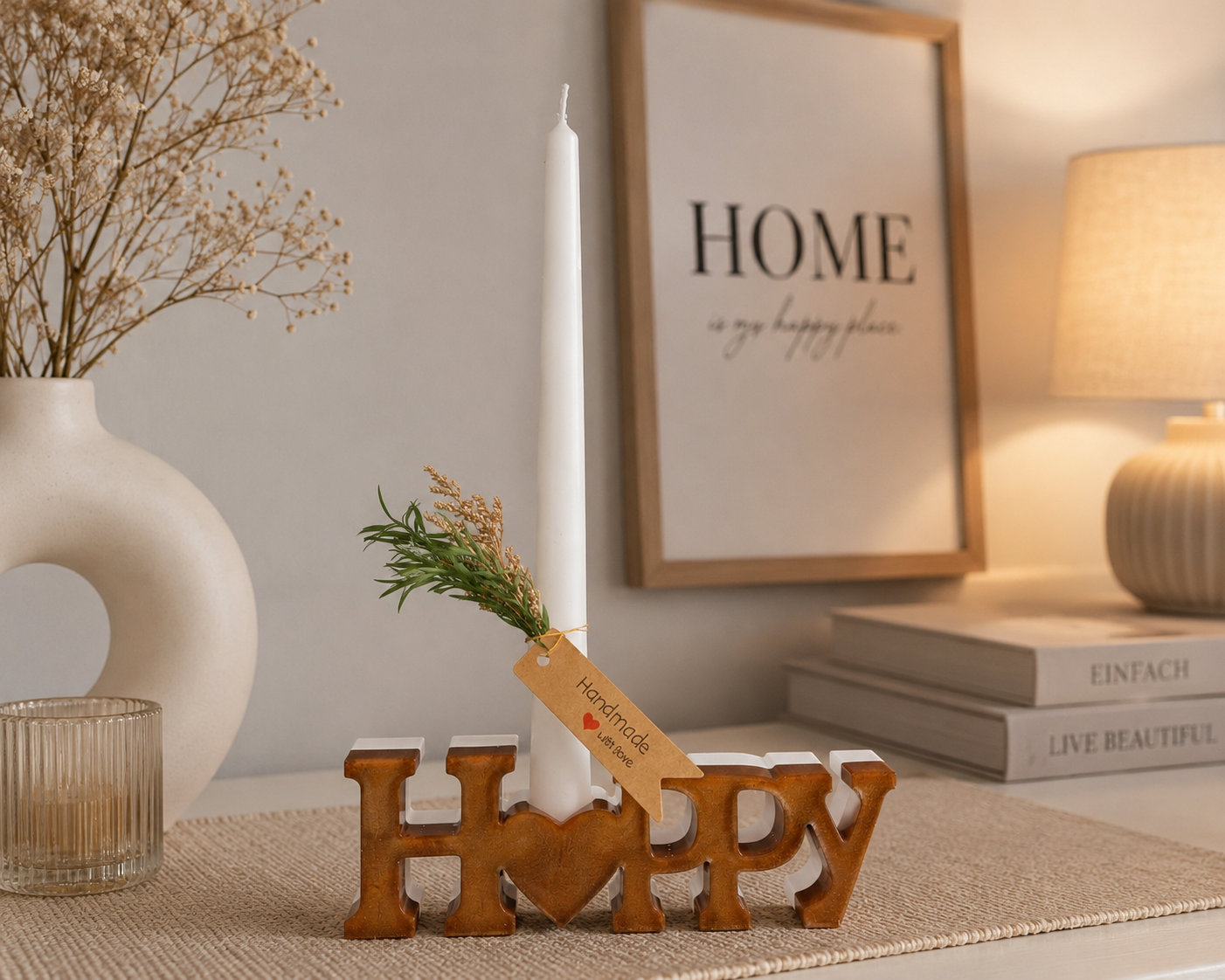 HAPPY Kerzenhalter aus Epoxidharz | Handmade Deko mit Kerze & Trockenblumen