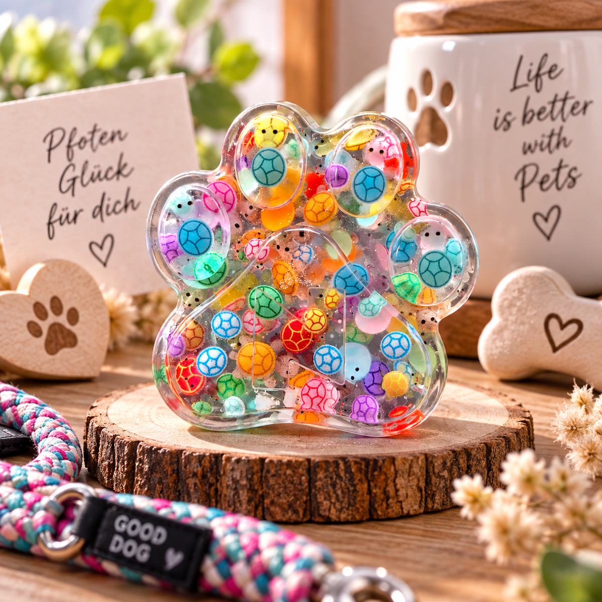 Personalisierte Epoxidharz Pfötchen mit Erinnerungsfiguren und Initiale