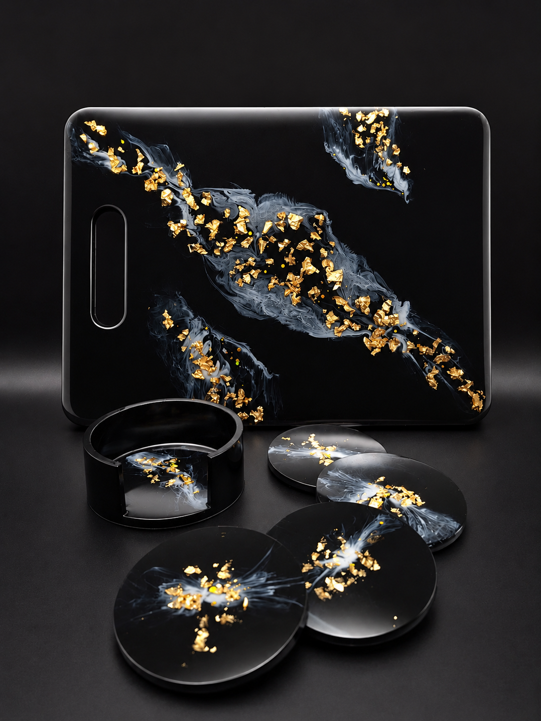Servier- & Untersetzer-Set "Black Gold Marble" | Handgefertigt aus Epoxidharz
