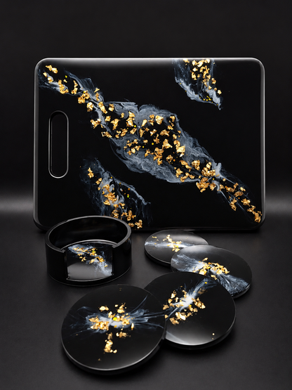 Servier- & Untersetzer-Set "Black Gold Marble" | Handgefertigt aus Epoxidharz